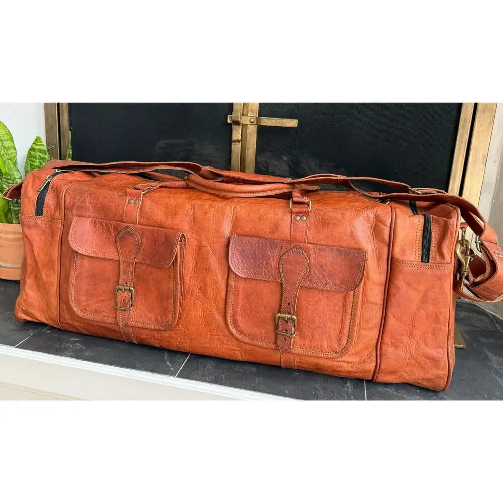 Komal’s Passion Leather Large Weekender Duffel Bag Brown Carry-On Travel Bag